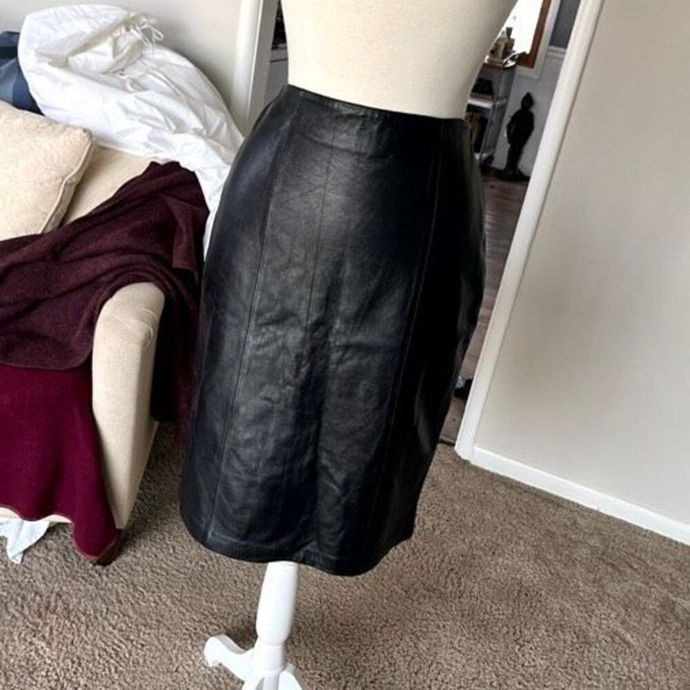 VTG Black Leather Pencil Skirt High Waisted Minimal 90s Y2K Office Chic